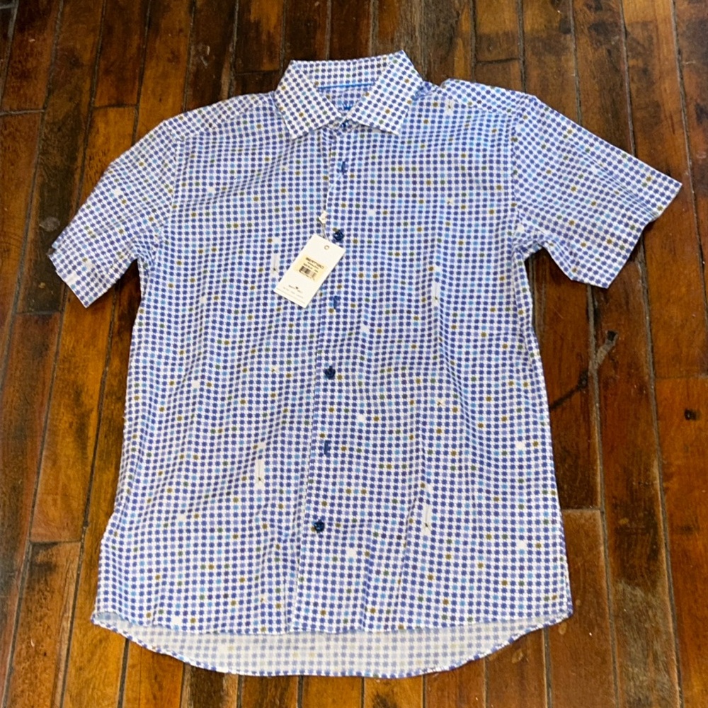 Bertigo Ronald Short Sleeve Button Down Shirt 100%Cotton MED BL/PRP/Spiders NWT